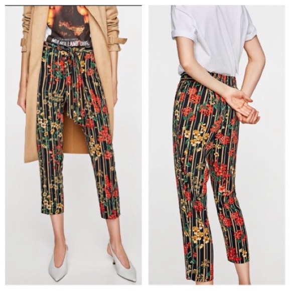 Zara Pants - Zara Striped floral trousers with bow belt